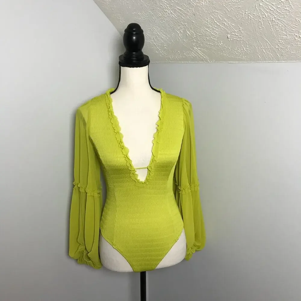 By Anthropologie Deep V Puff Sleeve Bodysuit XXS Green Smocked NWT